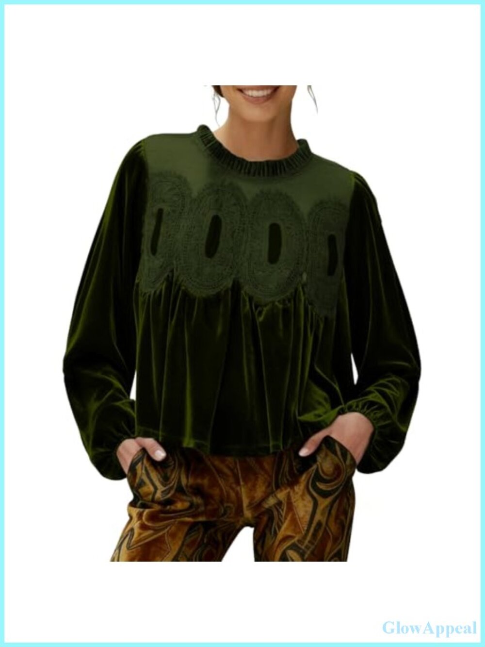 Long Sleeve Velvet Top with Lace Trim Puff Sleeve Flowy Blouse